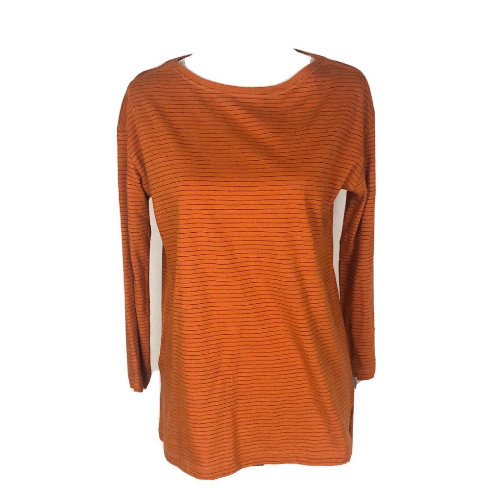 Eddie Bauer Tee‎ Shirt Womens Size XS Stripes Long Sleeve 100% Cotton Orange